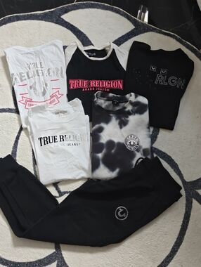 True Religion Women's Multi-Top & Jogger Set - Black, White, Pink, Gray Tie-Dye.